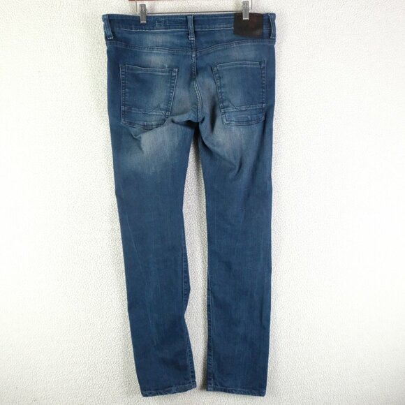 Ed Hardy Jeans Womens 34 Blue Distressed Stone Wash Straight Whiskers Stretch - Picture 4 of 12